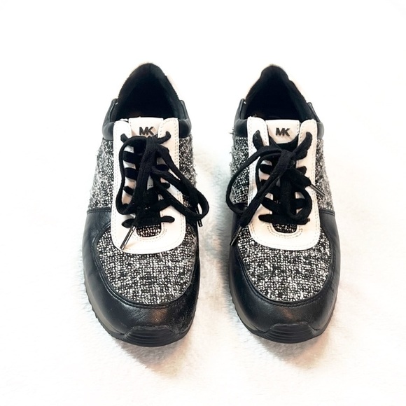 Michael Kors Allie Trainer Sneakers Lace Up Tweed Black White Leather 9.5 M - Picture 1 of 10